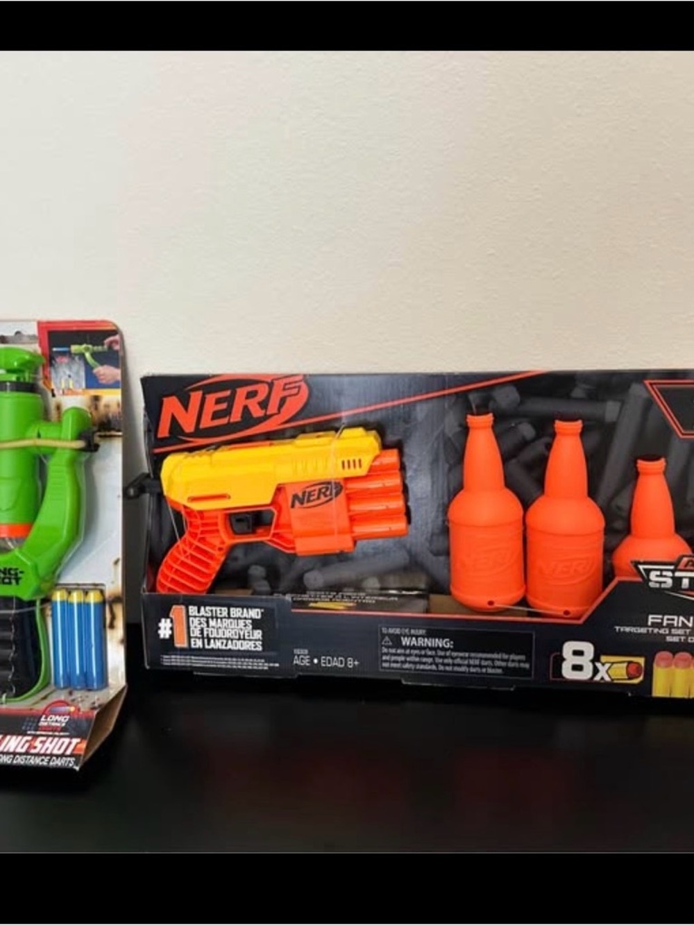 Nerf Yellow and Orange Mini Dart Blaster with Orange Bottle Targets